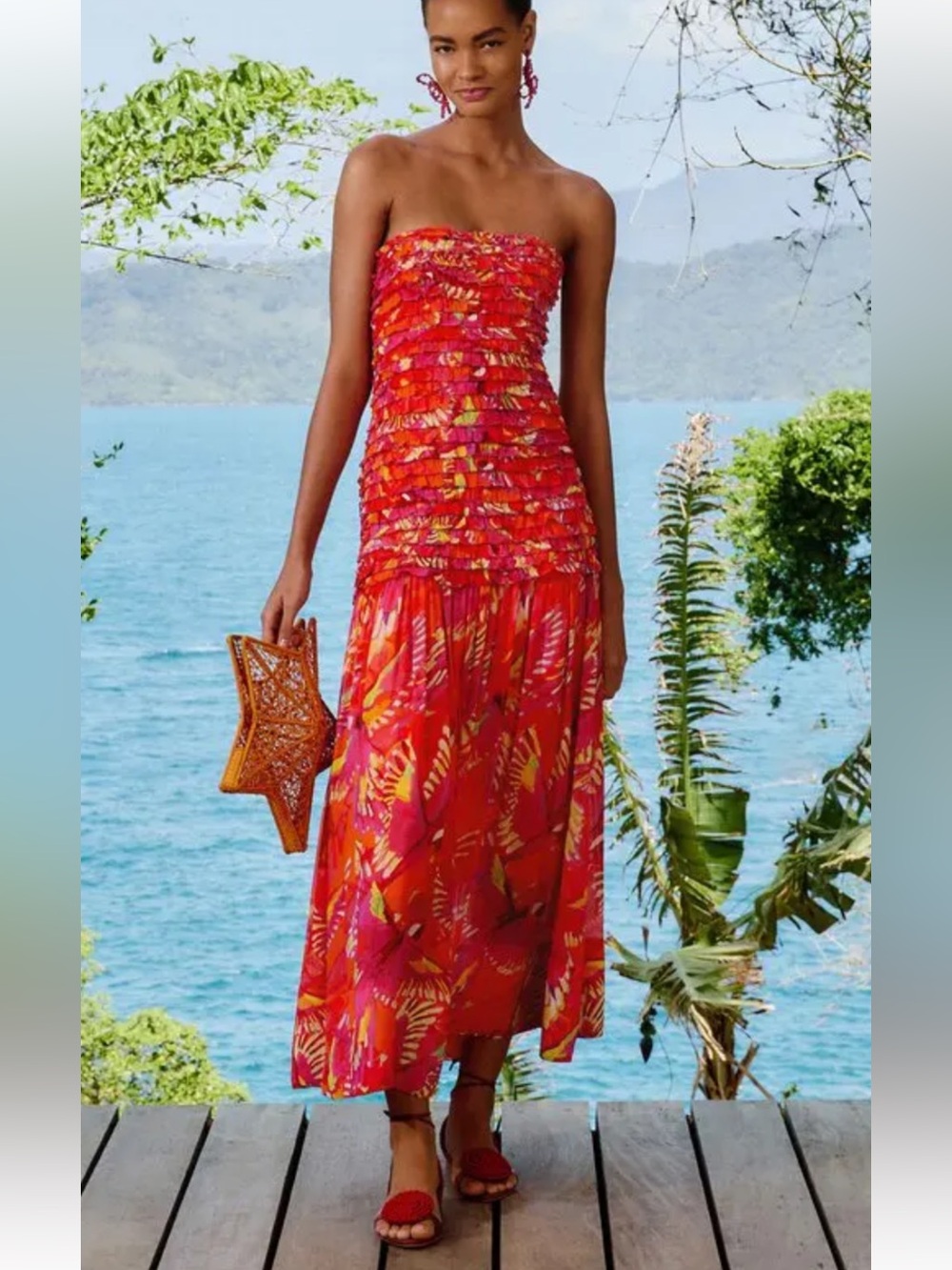 Farm Rio NWT Flying Birds Orange Colorful Strapless Midi Dress Size M